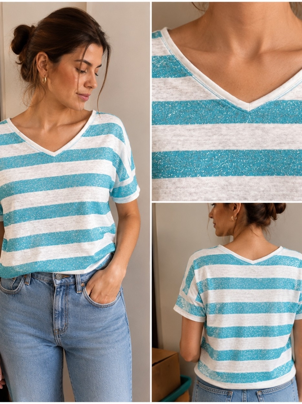 Chico's Aqua and White Glitter Striped V-Neck Tee